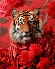 Close up image of tiger with red scarf isolated on tropical background. 