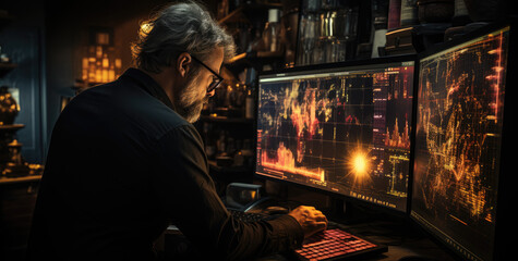 Finance trade manager analysing stock market indicators for best investment strategy, financial data and charts with business buildings in background