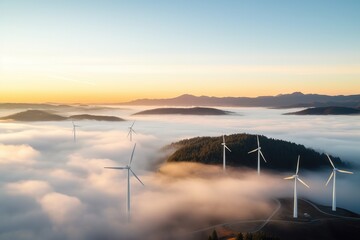Solar energy fields and wind turbines seen from the air in foggy conditions during a Autumn morning. Muntendam 