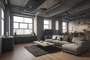 Living room interior in loft, industrial style, 3d render ai generated