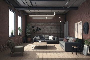 Living room interior in loft, industrial style, 3d render ai generated