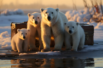 Polar bear family with suitcase leaving sea ice.