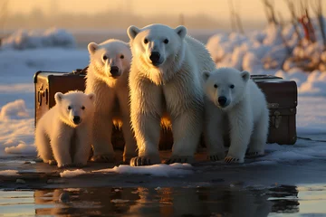 Keuken spatwand met foto Polar bear family with suitcase leaving sea ice. © mitarart