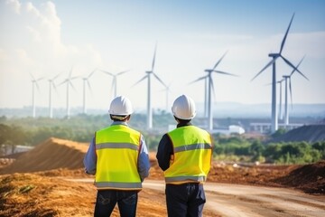 Two Electric engineer wearing Personal protective equipment working at wind turbine farm. Thailand 