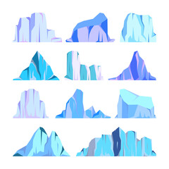 Floating icebergs collection. Drifting arctic glacier, block of frozen ocean water. Icy mountains with snow. Melting ice peak. Antarctic snowy landscape. South and North Pole. Vector illustration.