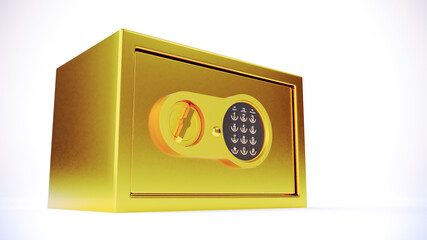 3D render of closed metallic safe box isolated on white background. gold bank safe with closed steel door