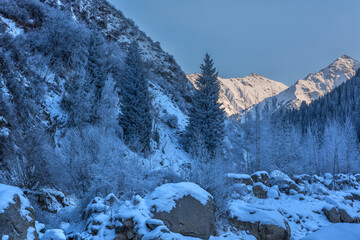 Picturesque winter landscape in the mountains of the Trans-Ili Alatau near the Kazakh city of Almaty