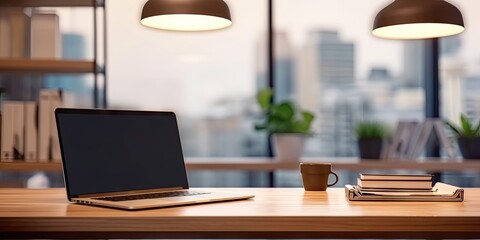Sleek office setup. Modern laptop on wooden table. Digital workspace. Desk with pc and blank screen. Tech haven. Empty workplace with computer