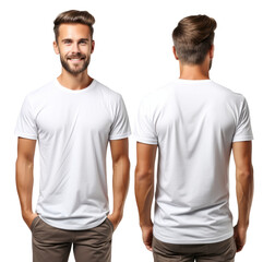 Caucasian Man wearing a white T-shirt, product mockup,  isolated on a transparent background