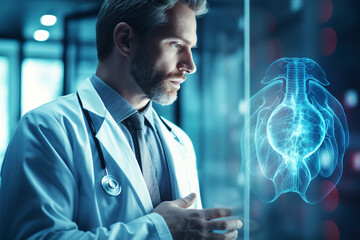 Doctor use technology AI for diagnosis patient illness. Remote medicine. AI Deep Learning for Medical Research, Transformation of innovation and technology for future Health.