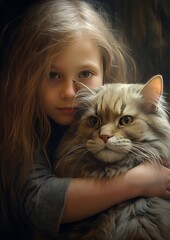Little girl hugging a big cat. AI Generative