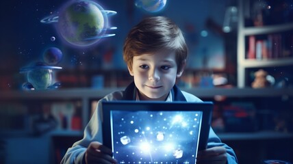 The boy studying in the virtual classroom of the future - obrazy, fototapety, plakaty
