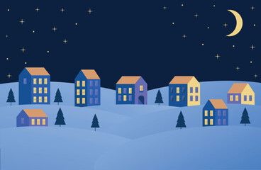 Night landscape with winter city, trees and Moon. Horizontal banner, christmas card. Vector illustration, eps 10.