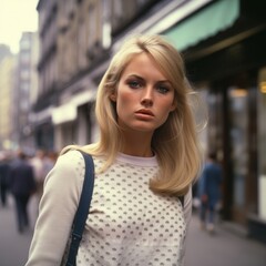 Fototapeta premium A young blonde woman standing in a 1960s street.