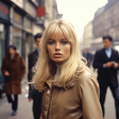Fototapeta premium A young blonde woman standing in a 1960s street.