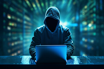 A hacker or scammer using laptop computer on dark technology background, phising, online scam and...