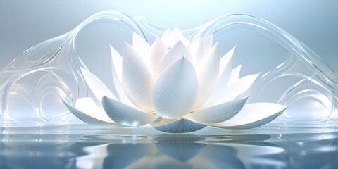 Dancing Elegance on the Water's Surface, The Sublime Presence of White Lilies and Lotus Flowers in a Symphony of Tranquility, Gentle Symphony of Water on light blue with water canvas generative AI 