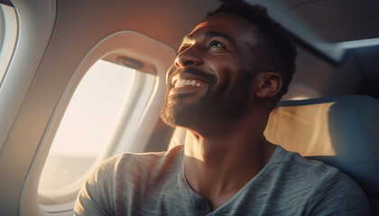 Handsome man sitting and smiling in airplane sunlight. Passenger traveler looking at window in airplane, travel by flight, man tourist sitting in air plane. Travel concept. Transportation,plane