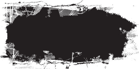 Glitch distorted grange shape . Noise grungy logo . Trendy defect error shapes . Glitched frame .Grunge textured . Distressed effect .Vector shapes with a halftone dots screen print texture.