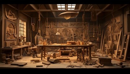 A workbench with a lot of tools on it, 3D render of an old wooden workshop with tools and instruments.