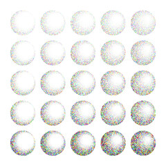 Round shaped dotted objects, vintage stipple elements. Fading gradient. Stippling, dotwork drawing, shading using dots. Colored disintegration effect. Noise grainy texture. Vector illustration