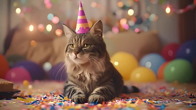 Funny cat wearing party,birthday hat with air balloons on the background. Festive Happy birthday,animals,pets,animal day concept