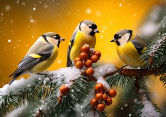 Vögel auf Zweig sitzend im Winter. AI Generative