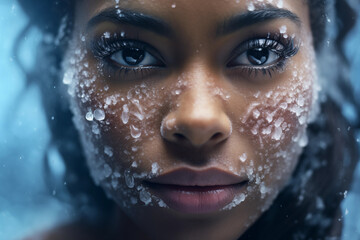 close up of frozen poc female face covered in cold ice