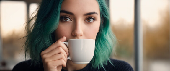 Junge Frau mit grünen Haaren und schönen Augen trinkt aus einer Tasse
