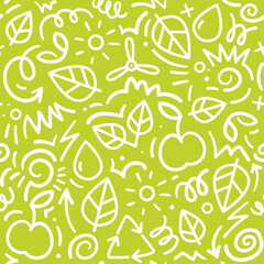 Seamless eco pattern on green background, doodle style, hand drawn