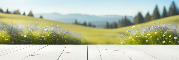 Beautiful spring meadow with wood table and copy space