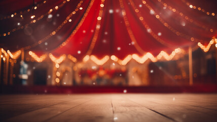 An empty stage with a sparkling red background and soft bokeh lights, ready for a performance,...