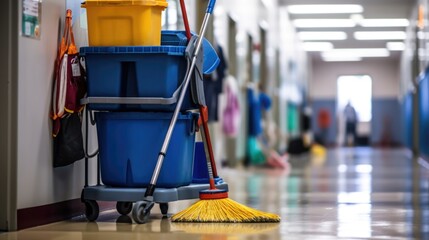 Professional Janitorial Staff Cleaning and Maintaining Public Corridor. - obrazy, fototapety, plakaty