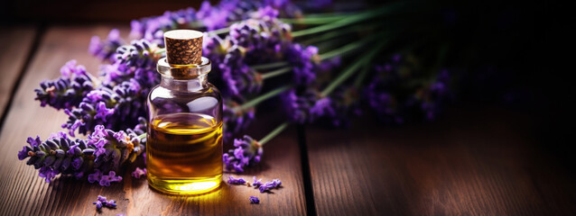Essential aromatic oil with lavender flowers, natural remedies, aromatherapy. Calm, relax, sleep concept with copy space.  - obrazy, fototapety, plakaty