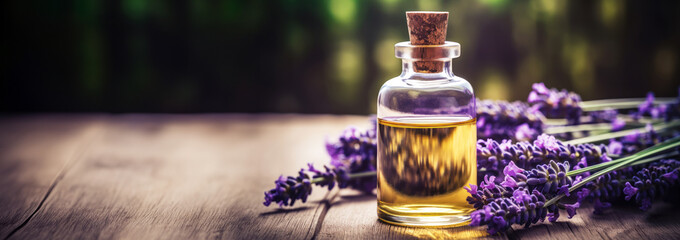 Essential aromatic oil with lavender flowers, natural remedies, aromatherapy. Calm, relax, sleep concept with copy space.  - obrazy, fototapety, plakaty