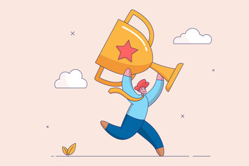 Big success concept. Achievement, winning large business scale or challenge and effort to win award, confidence businessman entrepreneur carrying big winner trophy.