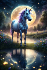Obraz na płótnie Canvas fantasy style art, Illustrate a unicorn standing in a moonlit meadow, surrounded by glowing fireflies, flowers. ai generative