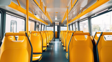 Interior design of a modern bus. Empty bus interior. Public transport in the city. Passenger transportation. Bus with blue seats and yellow handrails.