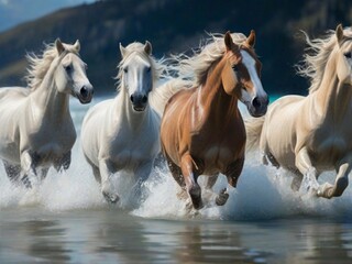 Seven Horse's running together in the river