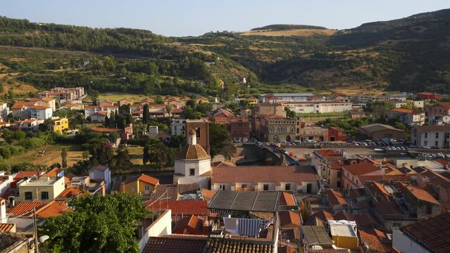 View of Bosa colorful city and historic bridge in Sardinia, Italy