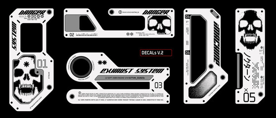 Cyber decal set. Futuristic decal, label, panel, sticker collection. high tech acid frame layout, etc. Japanese translation: "ノクターン for Nocturne".