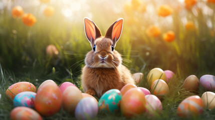 Fototapeta na wymiar Easter bunny and colorful eggs on nature background. Easter concept. Cute Easter bunny and colorful eggs on green grass at sunny day. Easter background. Happy Easter!