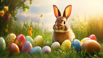 Easter bunny and colorful eggs on nature background. Easter concept. Cute Easter bunny and colorful eggs on green grass at sunny day. Easter background. Happy Easter!