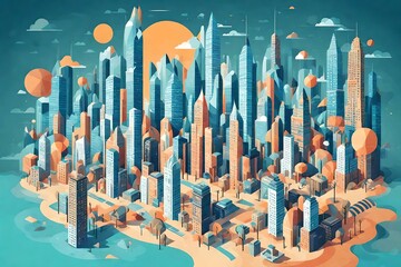Abstract cityscape with skyscrapers made of SEO-related symbols.