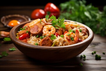 A hearty, homemade Jambalaya dish, brimming with shrimp, chicken, and sausage, presented on a rustic table setting