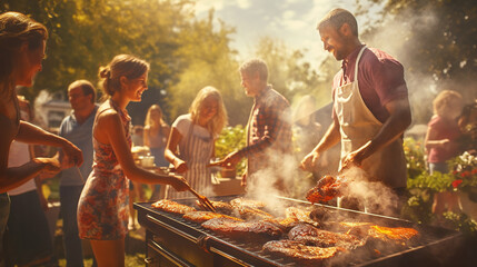 Group of friends grilling sausages on barbecue grill at summer party. Young people grilling sausages. Food, people and family time concept - man cooking meat on barbecue grill at summer garden party - Powered by Adobe