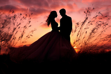 Silhouette of a bride and groom on a sunset background. silhouette of a bride and groom on the background of the setting sun