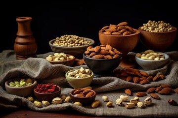 An assortment of different types of nuts presented in quaint wooden dishes on an aged tablecloth