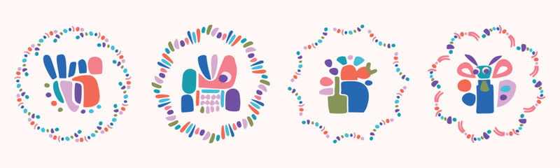 Quirky childrens monster illustration set in wreath cheerful shape style. Flat elements of vector doodles for playful kindergarten minimal art. 