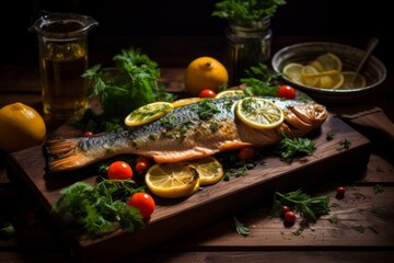Pan-seared trout fillet served with fresh lemon and herbs, accompanied by a hearty side of roasted veggies